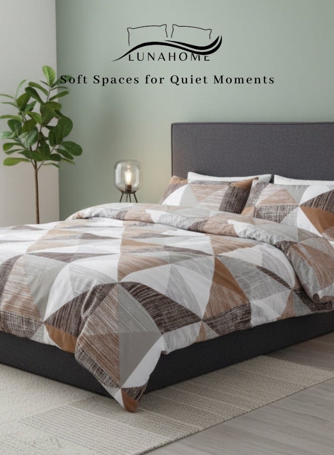 LUNA Home Queen Size 6 Pieces set ( 1 Duvet cover - 200*230cm. 1 Flat sheet - 230*250cm. 4 Pillow covers - 50*75cm). Bedding set, Simply Geometric print, Brown Color. - Image 1